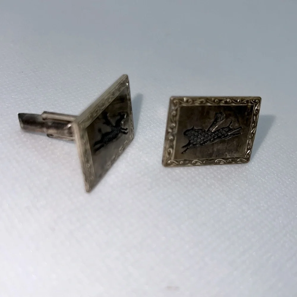 VINTAGE CUFF LINKS STAMPED “STERLING 925” SILVER WESTERN BRONCO HORSE